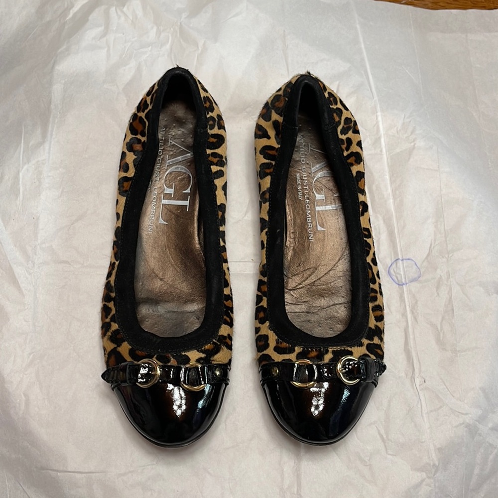AGL Ballet Flats Leopard Print Ponyhair Textured Black Comfort Shoe -
